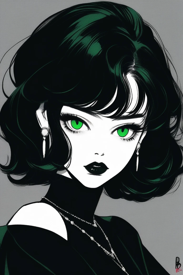 (best quality, sketch:1.2),realistic,illustrator,anime,1 girl, detailed lips, red lipstick, green eyes, black dress,custom, (background dark monochrome), dark hair,textured cropping, masterpiece, style retro classic, noir dark, art, sketch book, (bob hair black:1.75 neon:1.32), bad women , dark shadows