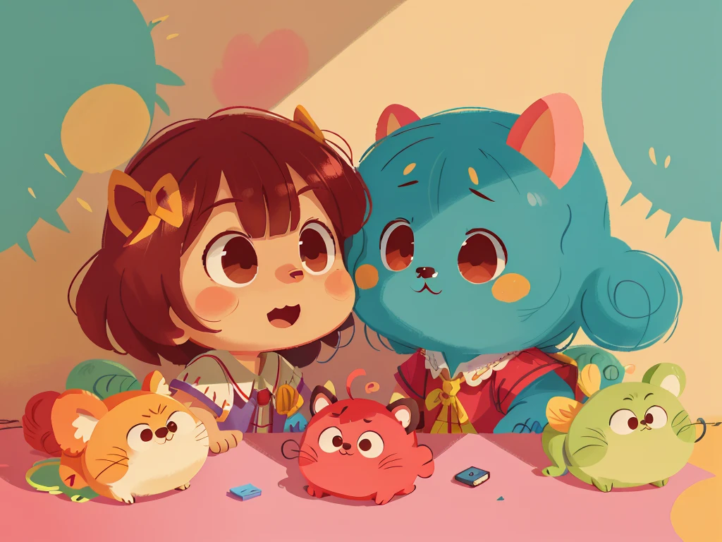 This illustration is a 4K high-definition illustration,The facial features are rich in detail,Cartoon Style,Cartoon Animals 5.1,cute,一个Toy,周围有零散的Toy,There are ribbons hanging down from the wall,nobody,Toy,一些Toy