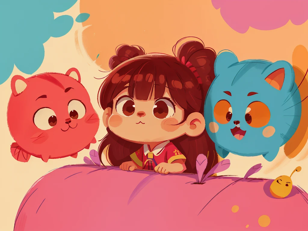This illustration is a 4K high-definition illustration,The facial features are rich in detail,Cartoon Style,Cartoon Animals 5.1,cute,一个Toy,周围有零散的Toy,There are ribbons hanging down from the wall,nobody,Toy,一些Toy