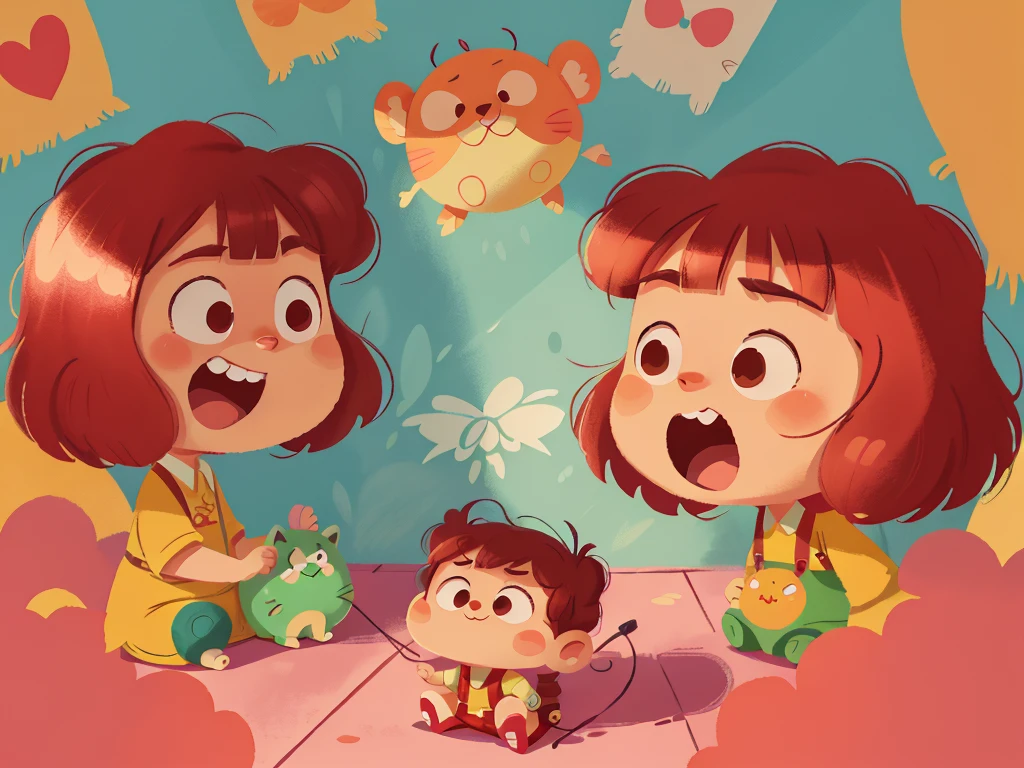 This illustration is a 4K high-definition illustration，The facial features are rich in detail，Cartoon Style，Cartoon Animals 5.1，cute，一个Toy，周围有零散的Toy，There are ribbons hanging down from the wall，nobody，Toy，一些Toy
