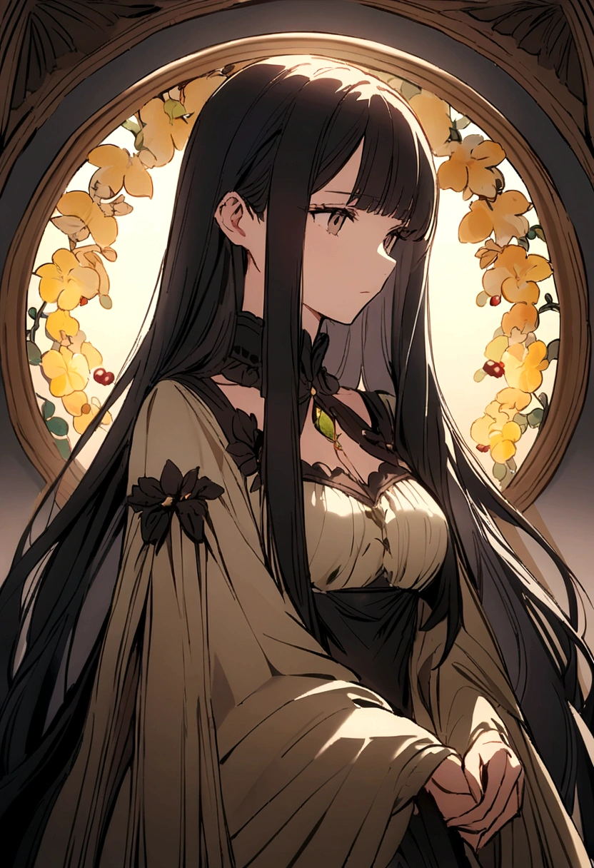 Black long hair,Straight Hair,The quiet older sister,garden,dress
