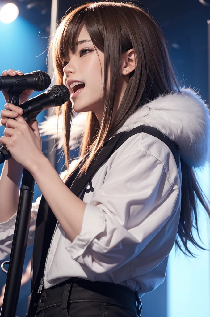 anime boy with straight hair, mic, fluffly