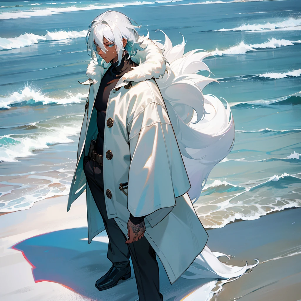 1male, young adult, dark skin, finely detailed aqua eyes, wild medium hair, seashell white hair color, long sleeve turtleneck sweater, oversized fur coat, standing on snowy path, day time, beach, somber expression, muscular, flowers, tattoos