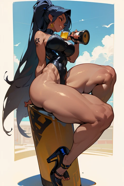 Young woman, black skin, tattoed body, balcl tattos, holding beer, in the streets, smiling, day, sunshine, 4k, masterpiece, ( very wide hips)), (((colossal Thighs, gigantic thighs, very huge thighs, very big thighs))), full body , platform heels, full body, high cut leotard, balcl skinn, profile,