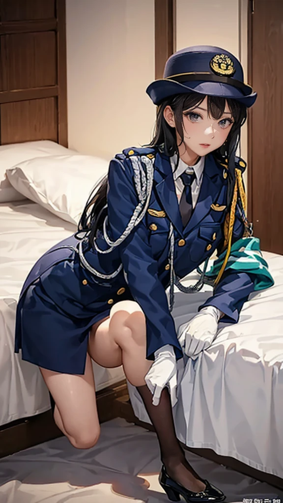 Highest quality、masterpiece、8K、Realistic、超High resolution、Very delicate and beautiful、High resolution、Cinema Lighting、medium range shooting、Perfect female body、Beautiful woman、Mature Woman、Beautiful Eyes、Short black hair、(((In heat、aroused、Trembling Body、shortness of breath、in heat)))、break ((Female police officer、紺色のFemale police officer、Uniform Buttons、Navy blue tie、Uniform jacket、White gloves))、Black Pantyhose、Pencil Skirt、Stiletto heel pumps、Police Badge、Epaulettes、break Bent body、Lie in, Look to the side, (Worried face, Drunk look、Hot body、Sweaty)、bedroom、Lying on the white sheets of a bed、Playing with your body、