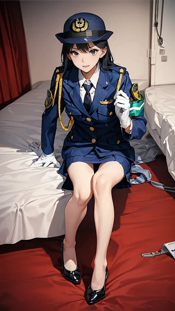 Highest quality、masterpiece、8K、Realistic、超High resolution、Very delicate and beautiful、High resolution、Cinema Lighting、medium range shooting、Perfect female body、Beautiful woman、Mature Woman、Beautiful Eyes、Short black hair、(((In heat、aroused、Trembling Body、shortness of breath、in heat)))、break ((Female police officer、紺色のFemale police officer、Uniform Buttons、Navy blue tie、Uniform jacket、White gloves))、Black Pantyhose、Pencil Skirt、Stiletto heel pumps、Police Badge、Epaulettes、break Bent body、Lie in, Look to the side, (Worried face, Drunk look、Hot body、Sweaty)、bedroom、Lying on the white sheets of a bed、Playing with your body、