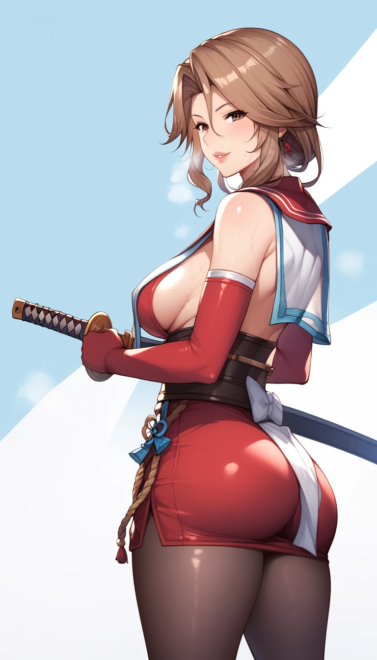 score_9, score_8_up, score_7_up, score_6_up, uncensored, katalina \(granblue fantasy\), brown hair, forehead, parted bangs, long hair, wavy hair, brown eyes, adult, mature, naughty face, shiny skin, sweating, steaming body, heavy breathing, BREAK (masterpiece:1.2), best quality, high resolution, unity 8k wallpaper, (illustration:0.8), (detailed eyes:1.3), extremely detailed face, perfect lighting, extremely detailed CG, (perfect hands, perfect anatomy), lips, outfit-tsubaki, breast curtain, red skirt, red sailor collar, elbow gloves, 1girl, ass, sword, weapon, looking_at_viewer, looking_back, solo, breasts, katana,