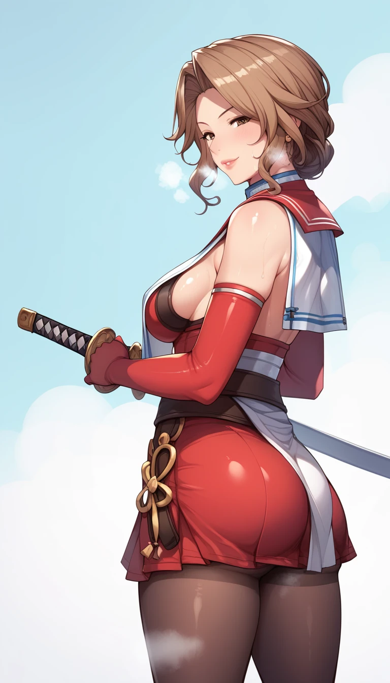 score_9, score_8_up, score_7_up, score_6_up, uncensored, katalina \(granblue fantasy\), brown hair, forehead, parted bangs, long hair, wavy hair, brown eyes, adult, , naughty face, shiny skin, sweating, steaming body, heavy breathing, BREAK (masterpiece:1.2), best quality, high resolution, unity 8k wallpaper, (illustration:0.8), (detailed eyes:1.3), extremely detailed face, perfect lighting, extremely detailed CG, (perfect hands, perfect anatomy), lips, outfit-tsubaki, breastin, red skirt, red sailor collar, elbow gloves, 1girl, ass, sword, pon, looking_at_viewer, looking_back, solo, breasts, katana