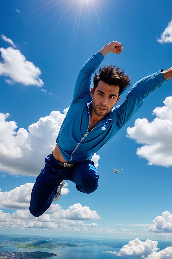 Generate a image in which a man flying in the blue sky with a egale