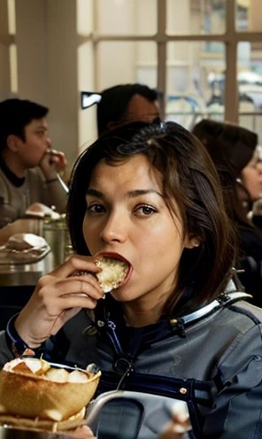 (((He is eating in the cafeteria with other Astronauts)))