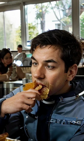 (((He is eating in the cafeteria with other Astronauts)))