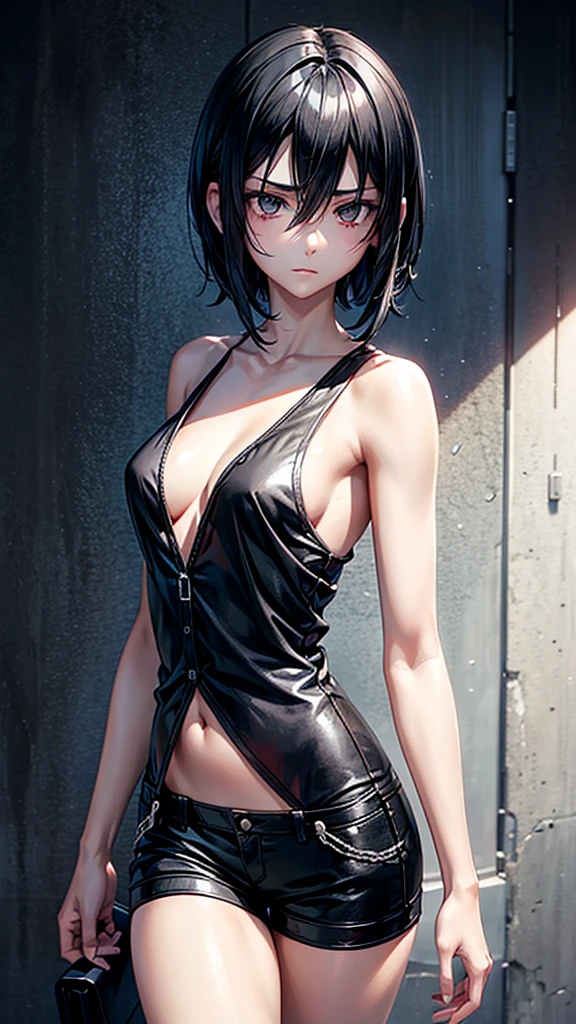  girl, black short hair, white skin, black eyes, black short shirt, , slim body, quiet, sad eyes, walking, beautiful. Anime sexy. Kurome Akame ga kill 