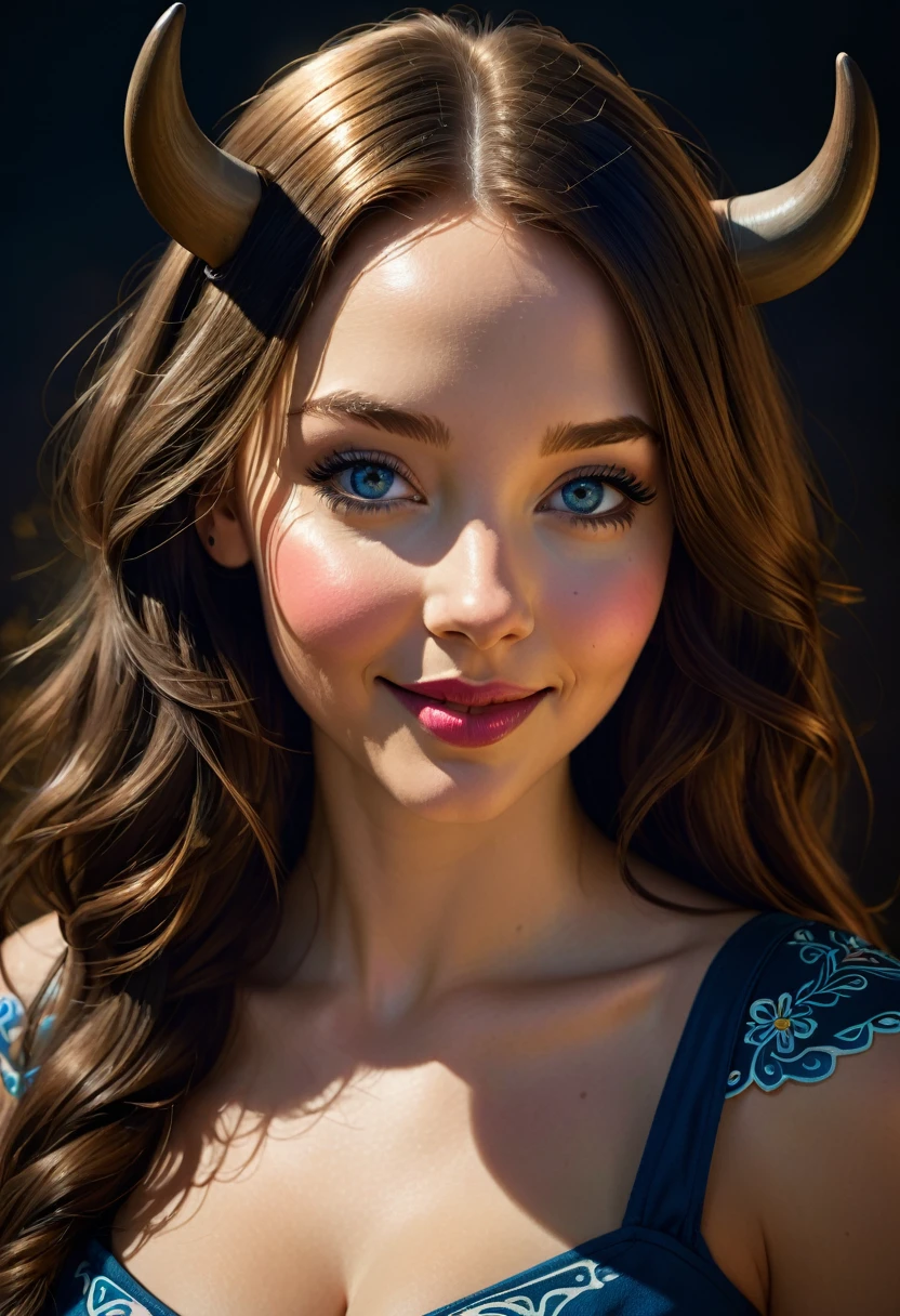 Create an illustrated, hand-drawn, full-color image of an humanoid, hybrid, anthropomorphic, sexy bovine woman. The artwork should be rendered in the style of "Breath of the Wild," featuring warm lighting and shadows. Include graphite shading, stencil marks, and airbrushed acrylic paint effects. The image should be of the highest quality, a masterpiece with intricate details. cow nose, cow ears.
The bovine woman should have a female, humanoid, appearance. She should have luscious lips, a wide smile, and bright, expressive eyes, exuding beauty, cuteness, and adorableness. Ensure the image is high resolution and sharply detailed, with a detailed and vibrant background. Scarlett Johanson, Alison Brie, Dove Cameron
Incorporate mystical lighting in the background, creating a romantic and enchanting atmosphere.