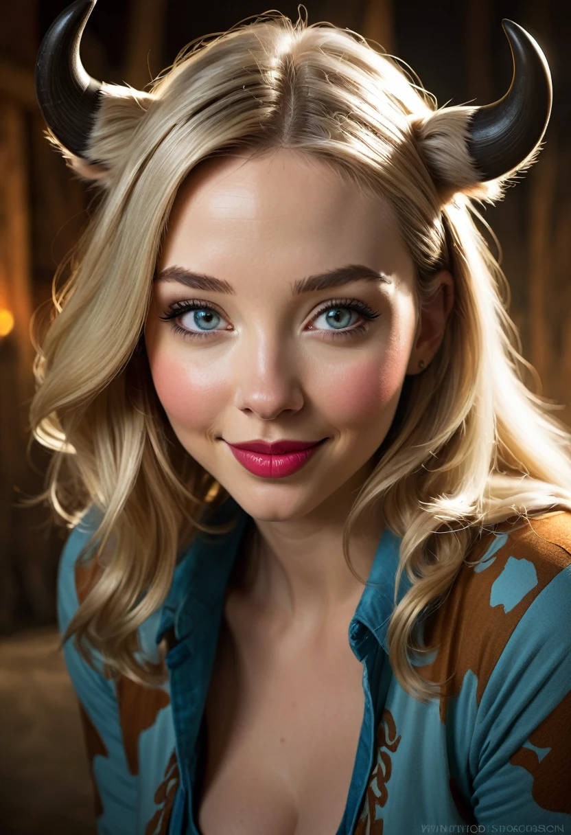 Create an illustrated, hand-drawn, full-color image of an humanoid, hybrid, anthropomorphic, sexy bovine woman. The artwork should be rendered in the style of "Breath of the Wild," featuring warm lighting and shadows. Include graphite shading, stencil marks, and airbrushed acrylic paint effects. The image should be of the highest quality, a masterpiece with intricate details. cow nose, cow ears.
The bovine woman should have a female, humanoid, appearance. She should have luscious lips, a wide smile, and bright, expressive eyes, exuding beauty, cuteness, and adorableness. Ensure the image is high resolution and sharply detailed, with a detailed and vibrant background. Scarlett Johanson, Alison Brie, Dove Cameron
Incorporate mystical lighting in the background, creating a romantic and enchanting atmosphere.