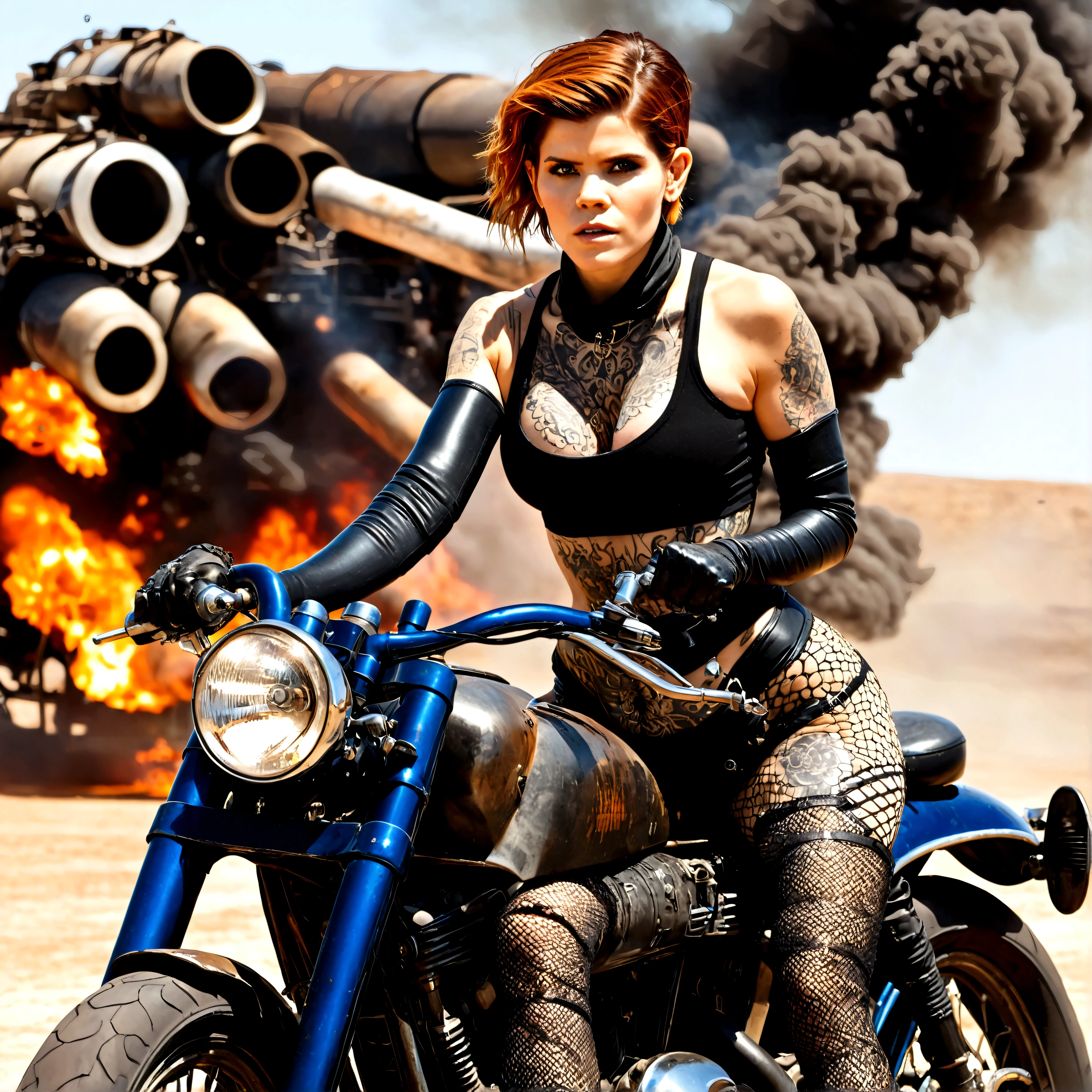 (Setting Holocaust Badlands (road warrior theme)) A bandit woman (Kate Mara, 25, scrap metal armor, sexy torn fishnet body stocking, tattoos) is riding a wasteland motorcycle (big engine, smoke and fire exhaust, bone trim over metal frame, spikes), Kate is driving one handed and pointing a gun at the viewer (the vehicle she is chasing), cinematic quality, HD, action, adventure
