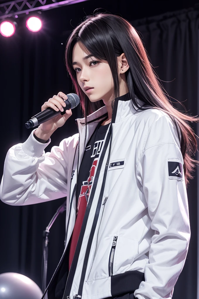 anime male boy with straight hair, mic, fluffly