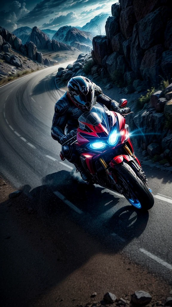 a man in a superhero rider suit racing through a rugged mountain road, high-speed motorcycle chase, sinister organization pursuing, ultra detailed, 8k, masterpiece, cinematic lighting, dynamic action pose, dramatic shadows, vibrant colors, photorealistic, award winning illustration