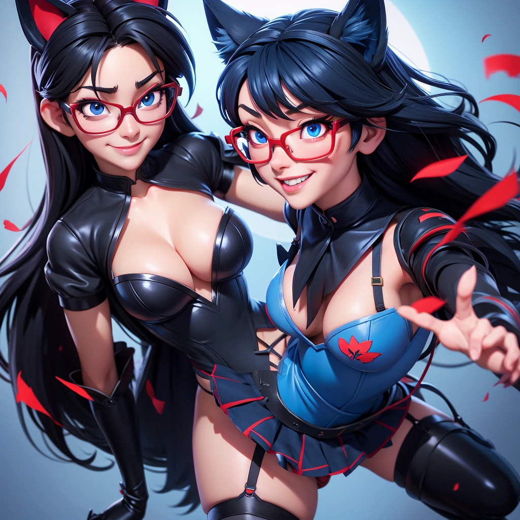 Anime painting。character１。 Black hair wolf ears。garter belt stockings。Blue dance dress costume。Adhesive Red Glasses。Blue Eyes。smile。Blushing Beauty。first round。 High angle cleavage close up。