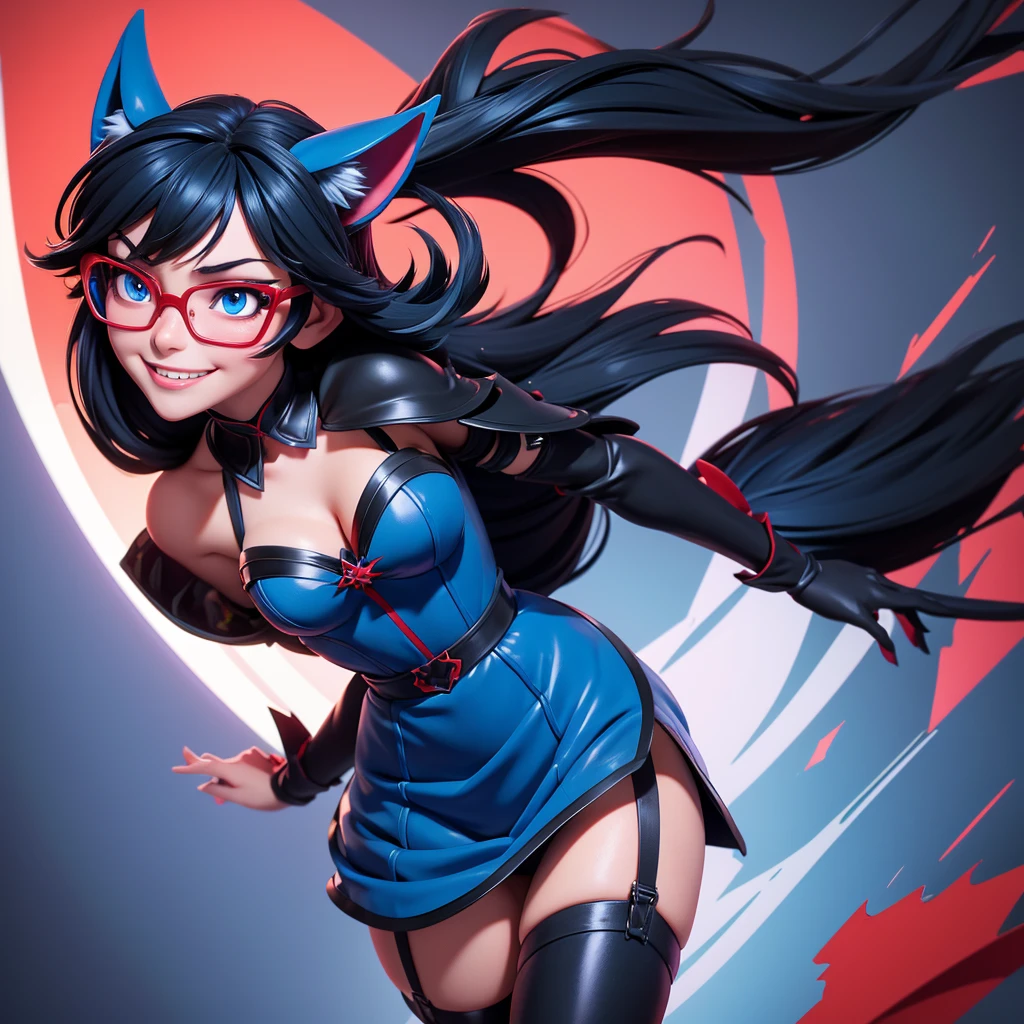 Anime painting。character1。 Black hair wolf ears。garter belt stockings。Blue dance dress costume。Adhesive Red Glasses。Blue Eyes。smile。Blushing Beauty。first round。 High angle cleavage close up。