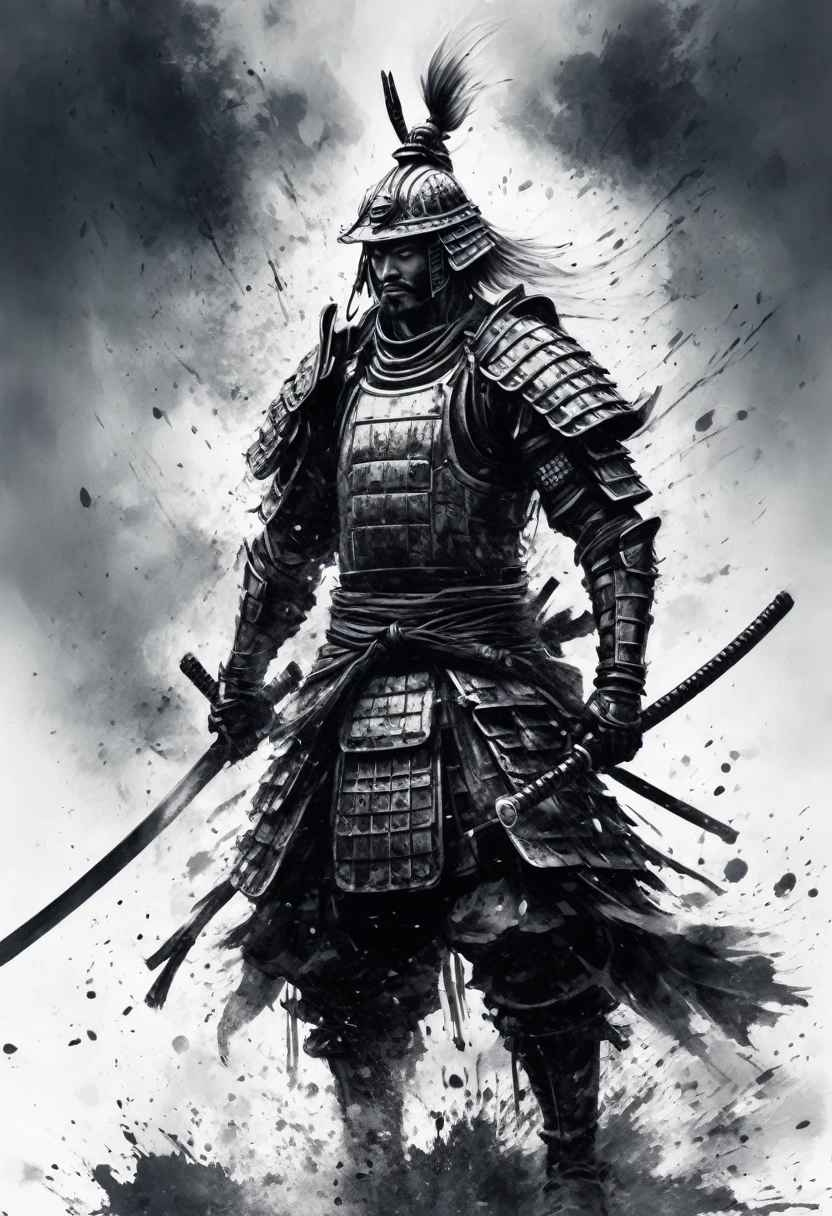 Black and white painting,Ink Painting,splash,Warrior,Mamba Hair,detailed beautiful face,Beard,(samurai armor,Detailed Armor),(backlighting:1.3),(from below:1.2),(full body:1.1),