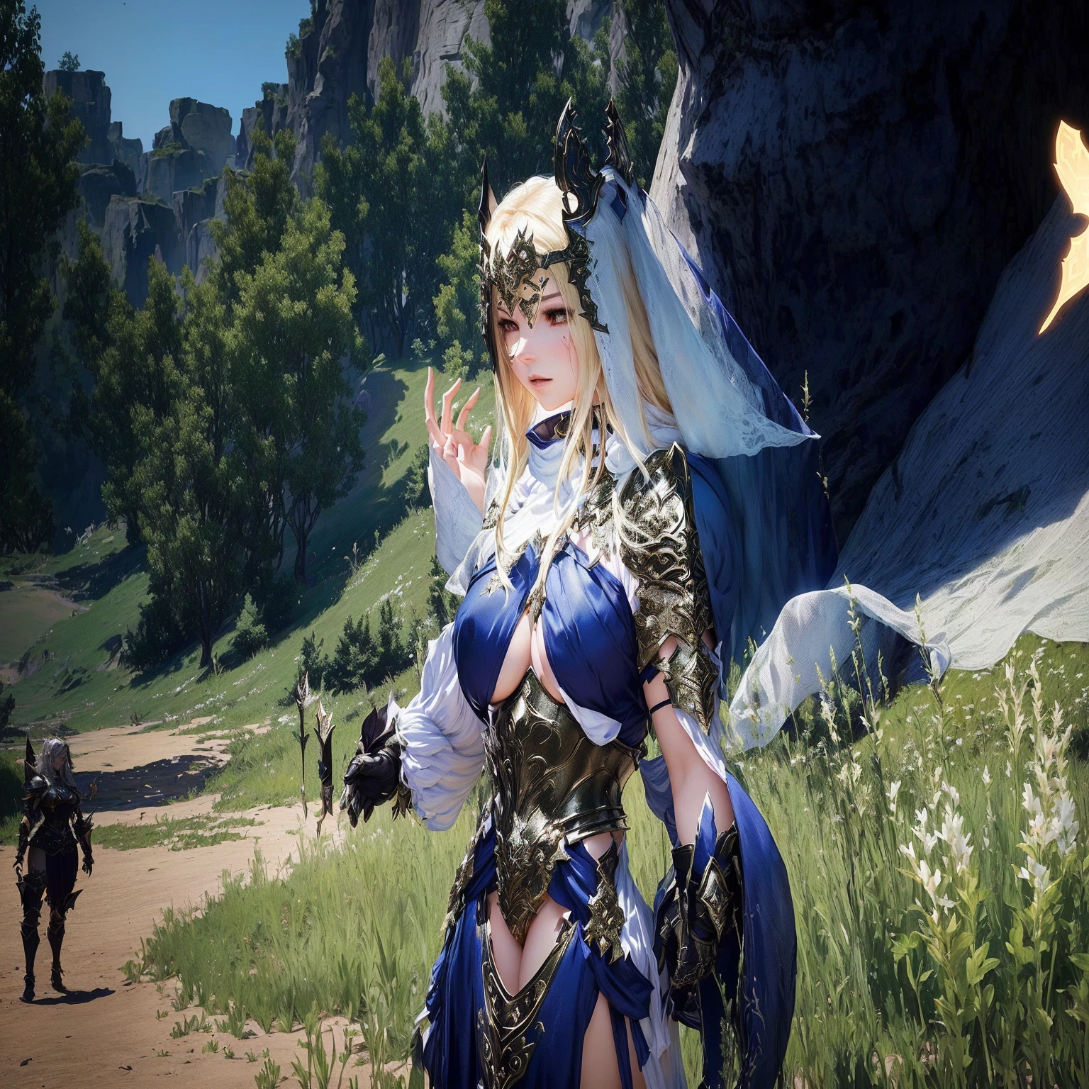 there is a woman in a costume standing in a field, extremely detailed goddess shot, a very beautiful berserker woman, ornate bikini armor, pretty female cleric, wearing shiny breastplate, mighty plump female sorceress, final fantasy 14 style, but the armor covers her face, 8 k character details, granblue fantasy, alluring elf princess knight