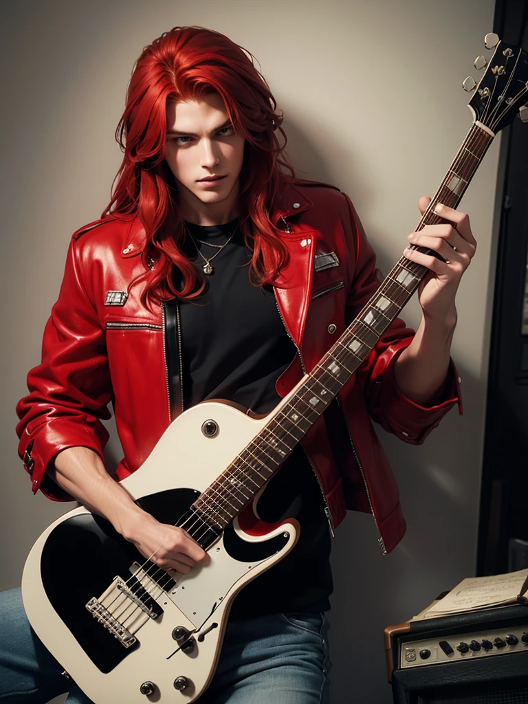 25 year old man, strong and with long red hair. Stylish outfit with guitar. Guitarra bonita de rock. Com jaqueta e regata branca. Homem musculoso. 