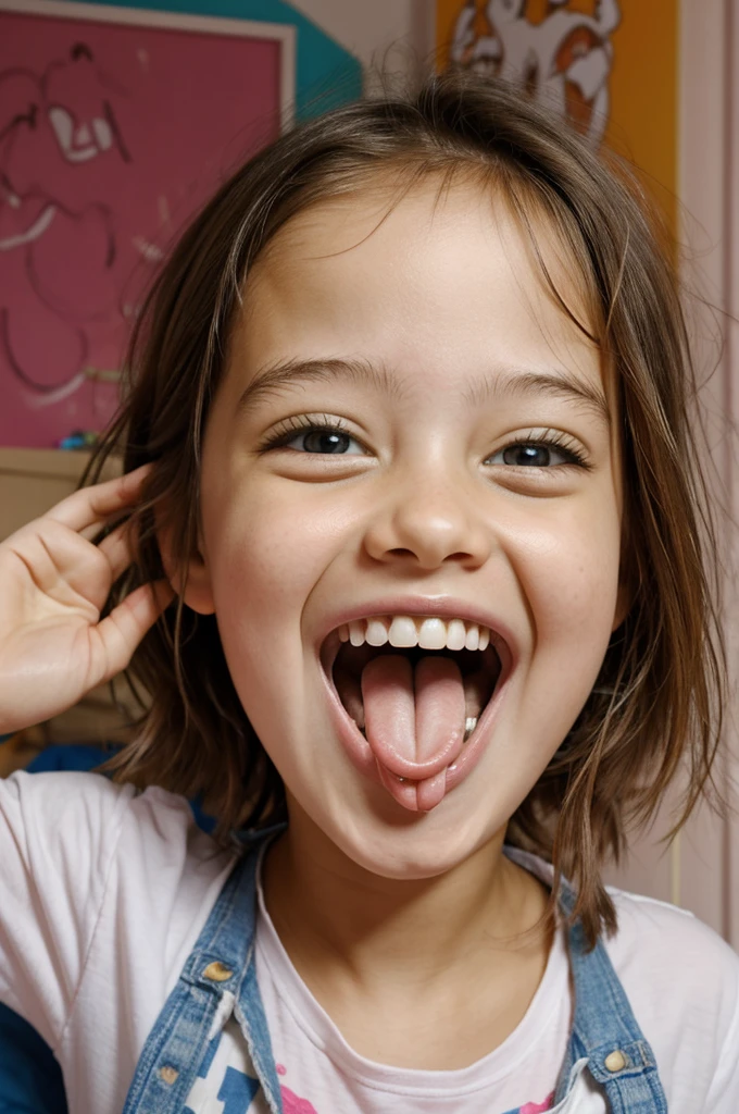 messyPortrait, girl in her room with the mouth open and her tongue out