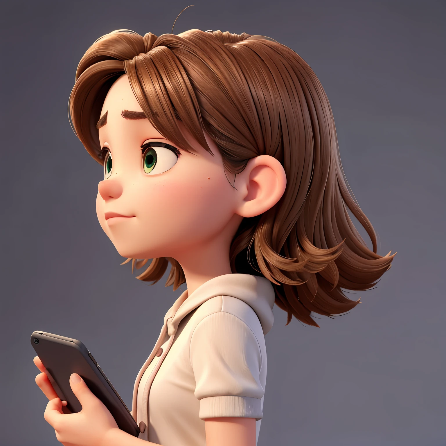 A 14-year-old girl,Click the air with your finger,Eyes staring into the distance,Side View,