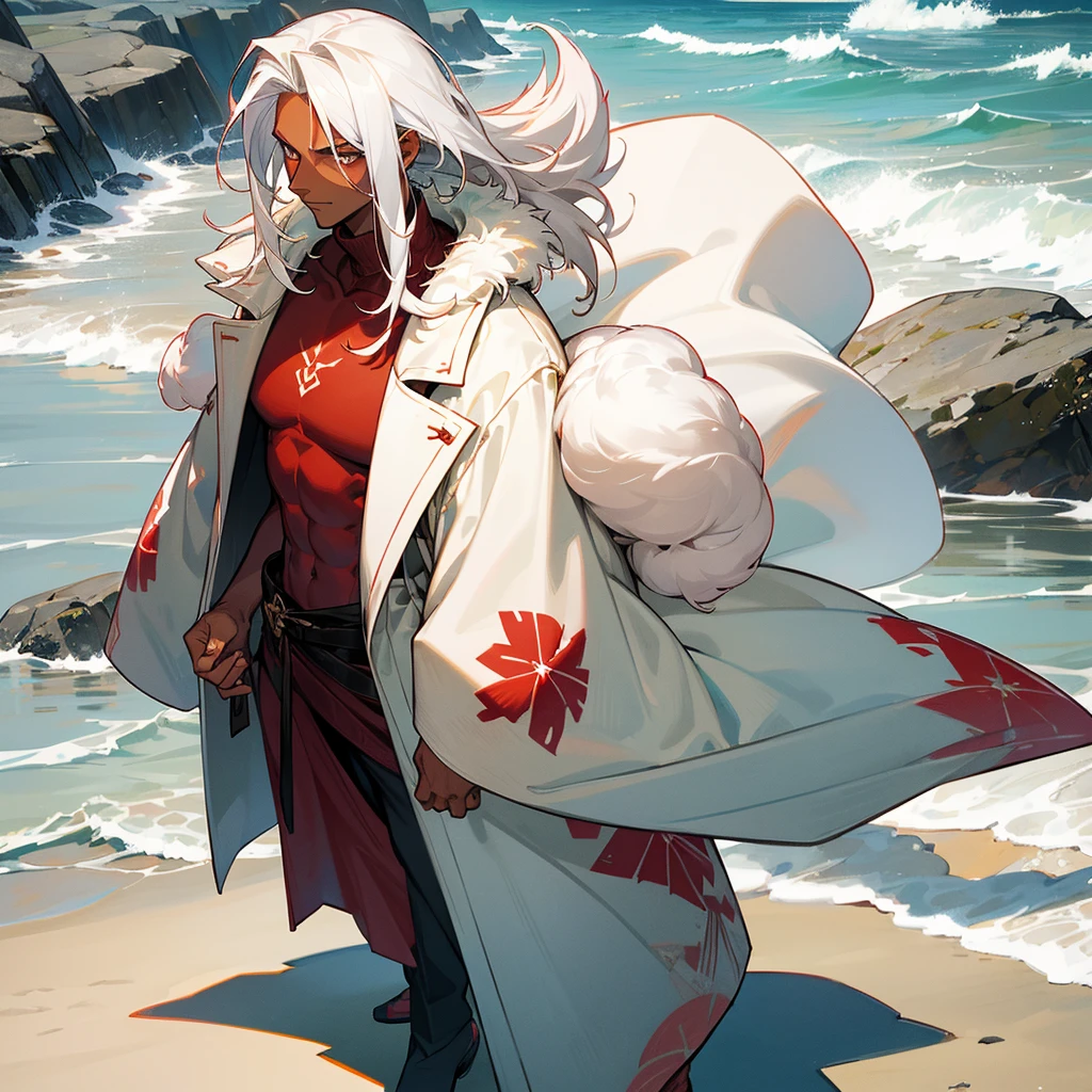 1male, young adult, dark skin, finely detailed crimson eyes, wild medium hair, seashell white hair color, long sleeve turtleneck sweater, oversized fur coat, standing on coast, day time, beach, somber expression, muscular, flowers, tattoos