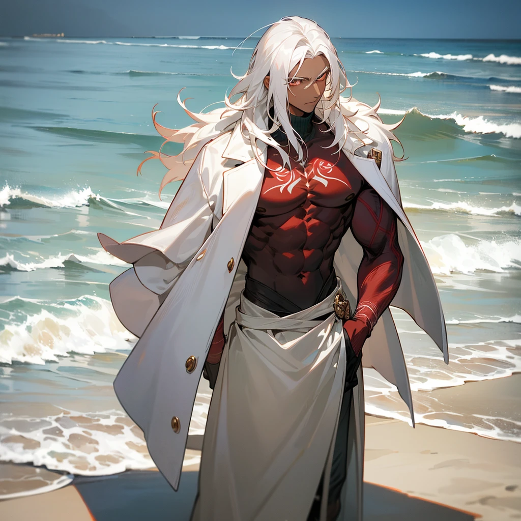 1male, young adult, dark skin, finely detailed crimson eyes, wild medium hair, seashell white hair color, long sleeve turtleneck sweater, oversized fur coat, standing on coast, day time, beach, somber expression, muscular, flowers, tattoos