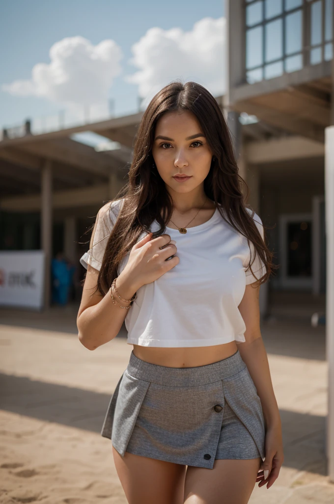 1girl in, 30 years old, Square face, Long hair, Looking at viewer, jewelry, Reality, y, Short skirt outfit, , sports background, free pose