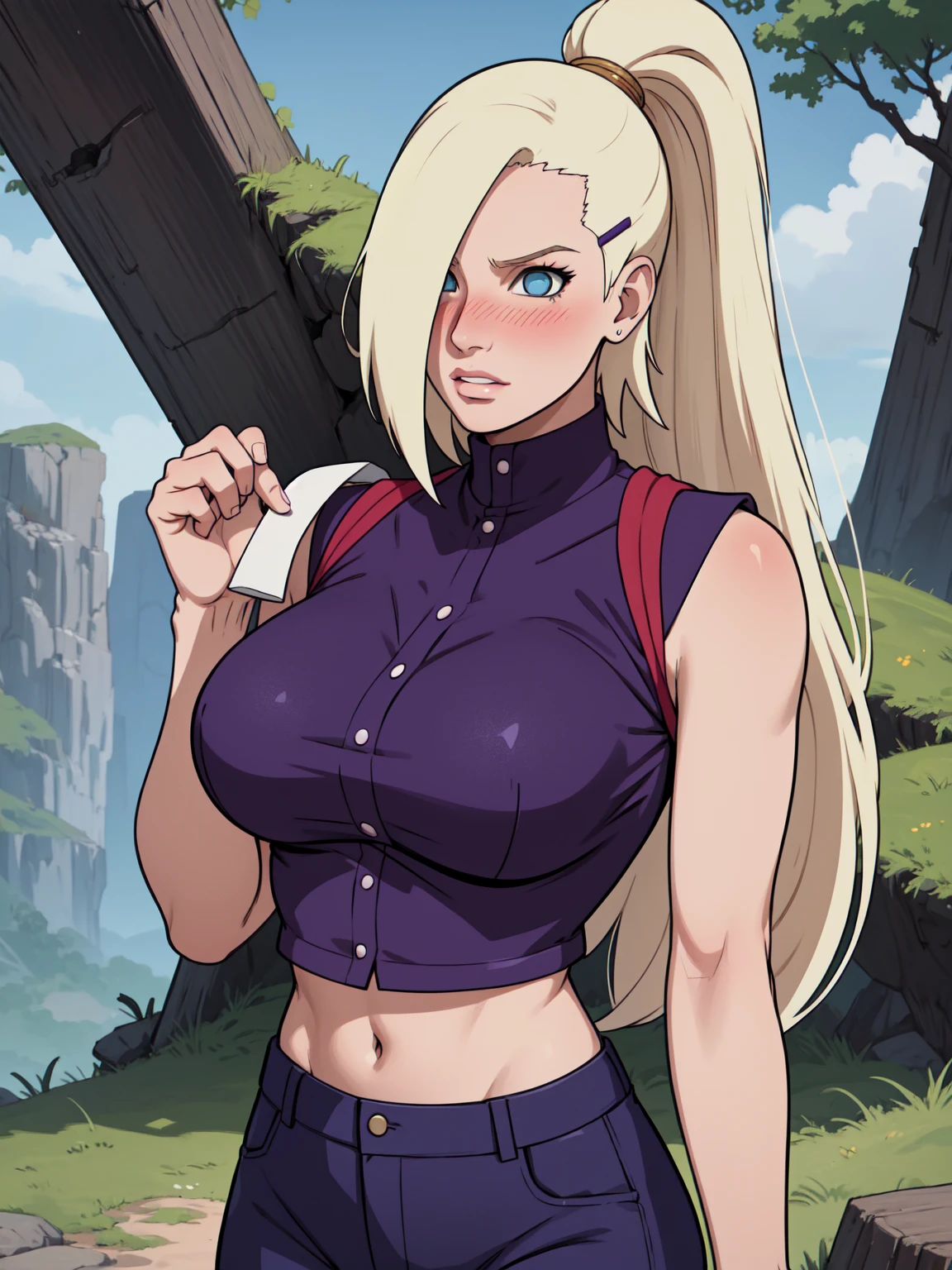 {-erro_de_anatomia:1.0} estilo anime, Masterpiece, absurdities, Yamanaka Ino\(Naruto\), 1girl Solo, woman, Perfect composition, Detailed lips, Beautiful face, body proportion, Blush, Long blonde hair, blue eyes, purple blouse, purple pant, Soft gauze, Super realistic, Detailed, photo shoot, Realistic faces and bodies, masterpiece, best quality, best illustration, hyper detailed, 1 woman, solo, glamorous, blushing, upper body, fighting, on nature, look at the view, dimanic poses, 