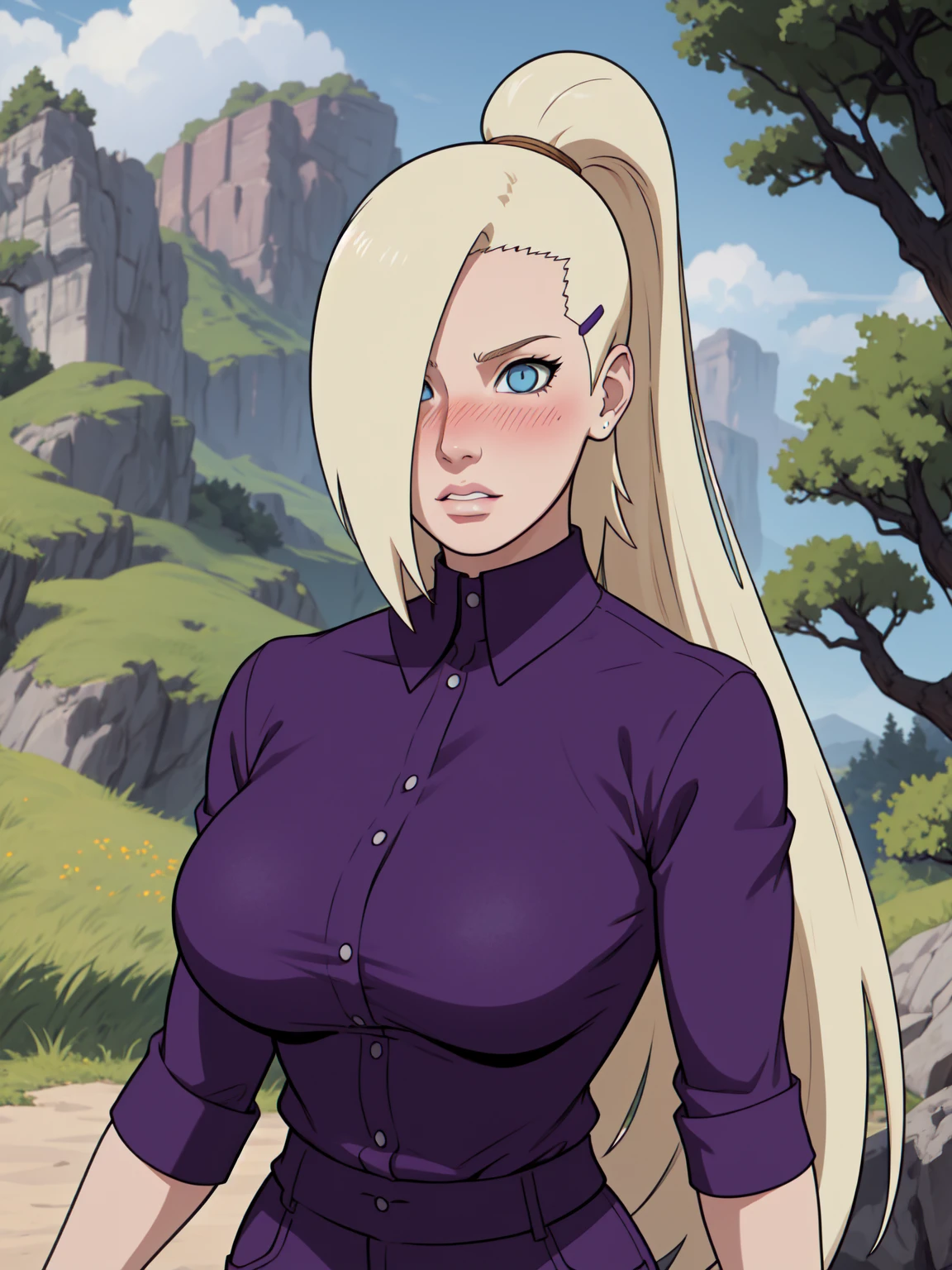 {-erro_de_anatomia:1.0} estilo anime, Masterpiece, absurdities, Yamanaka Ino\(Naruto\), 1girl Solo, woman, Perfect composition, Detailed lips, Beautiful face, body proportion, Blush, Long blonde hair, blue eyes, purple blouse, purple pant, Soft gauze, Super realistic, Detailed, photo shoot, Realistic faces and bodies, masterpiece, best quality, best illustration, hyper detailed, 1 woman, solo, glamorous, blushing, upper body, fighting, on nature, look at the view, dimanic poses,