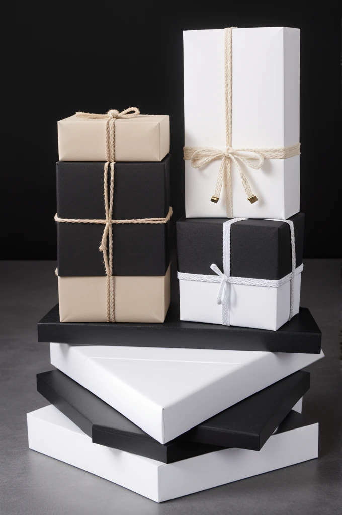 Small small white gifts on left and right side with black background