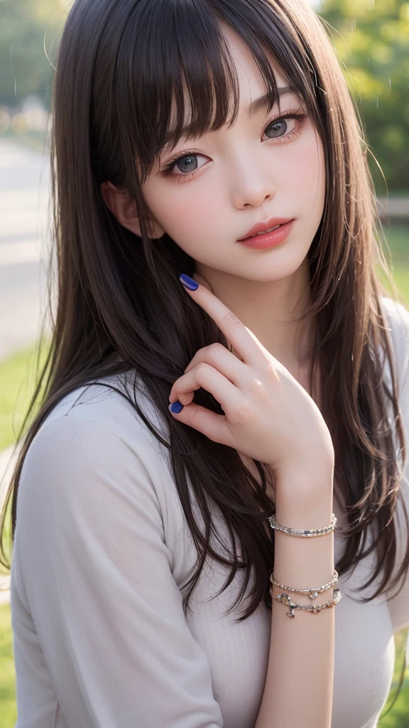 Beauty、 One girl, alone, Long Hair, View your viewers, smile, blue eyes, hair ornaments, White Background, jewelry, Gray Hair, Mouth closed, Blunt bangs, Manicure, bracelet, lips, Grey Eyes, Portraiture, Red nails, close, red lips, put your hand on your face, Put your hand on your cheek,(Mature Woman),(Shiny skin),((Steaming body))(A girl walking in a park after the rain),白いbraとタイトなデニムのスカートで写真撮影のポーズをとる少女、whole body、(Wet cropped t-shirt)、bra、Slim body、Medium sized breasts、Slim girl model、24 year old female model,((She's wet))(nipple)(ピンク色のnippleが透けている),