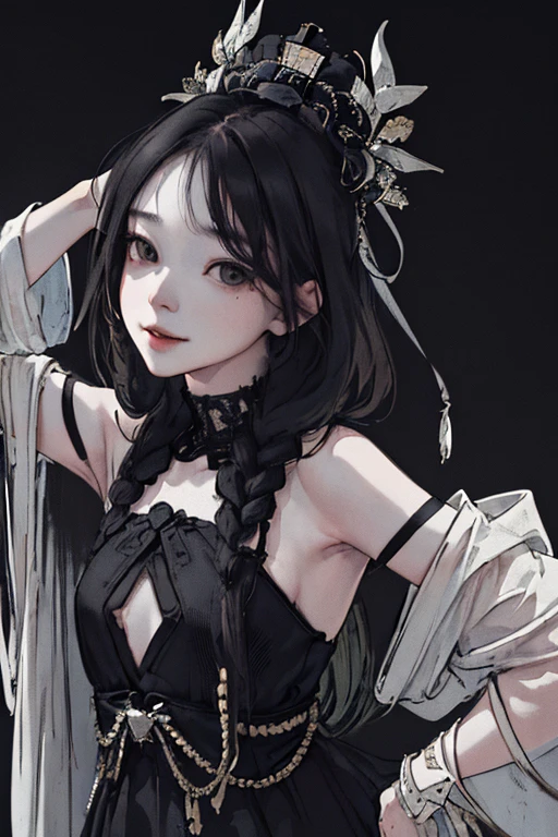 Highest quality, (Background details), High Contrast, Very beautiful woman, Detailed original illustrations、((An innocent smile))、Crazy eyes、Suganou、Delicate face、charm、small、Villainess、sexy、Small breasts、Small stature、Real breasts, Head close-up, Black background, (Black background: 1.5), Beautiful line art、Monochrome
