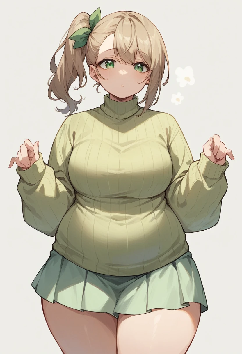 (One tall woman,Light brown hair,Hairstyle: Loose side ponytail,Green Eyes,Medium chest,Wide thighs,A little chubby)Pale yellow vertical sweater,Light green knee-length skirt