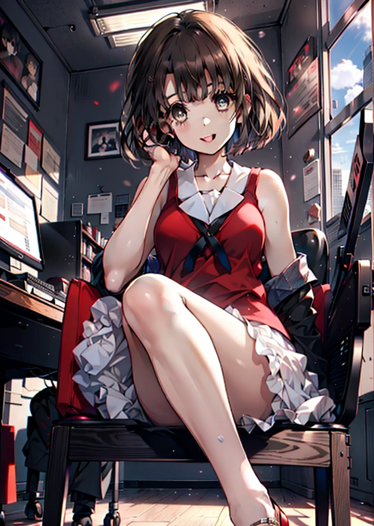 Katoumegumi, Megumi Katou, Brown Hair, short hair, (Brown eyes:1.5),happy smile, smile, Open your mouth, Red Tank Top Shirt,White long skirt,Black pantyhose,Stiletto heels,Open your mouth,sitting cross-legged on a chair,There is a computer and food on the table,interior,whole bodyがイラストに入るように,
break looking at viewer,whole body,
break indoors, office,
break (masterpiece:1.2), Highest quality, High resolution, unity 8k wallpaper, (shape:0.8), (Beautiful and beautiful eyes:1.6), Highly detailed face, Perfect lighting, Extremely detailed CG, (Perfect hands, Perfect Anatomy),