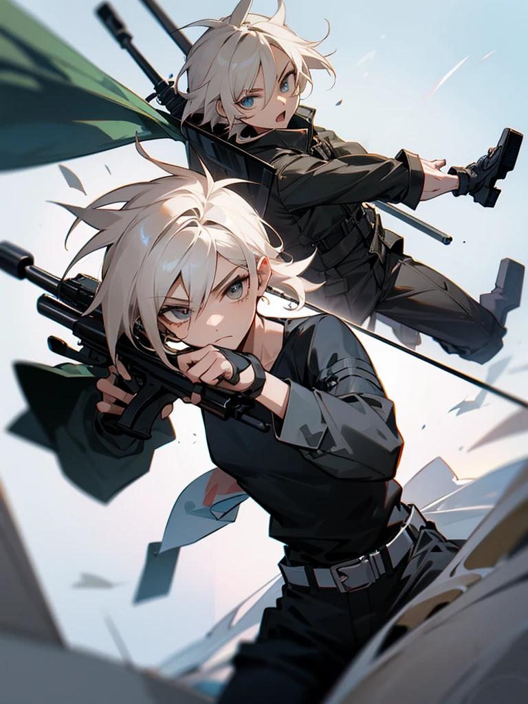 A masculine chibi, with dynamic poses next to a sniper rifle
