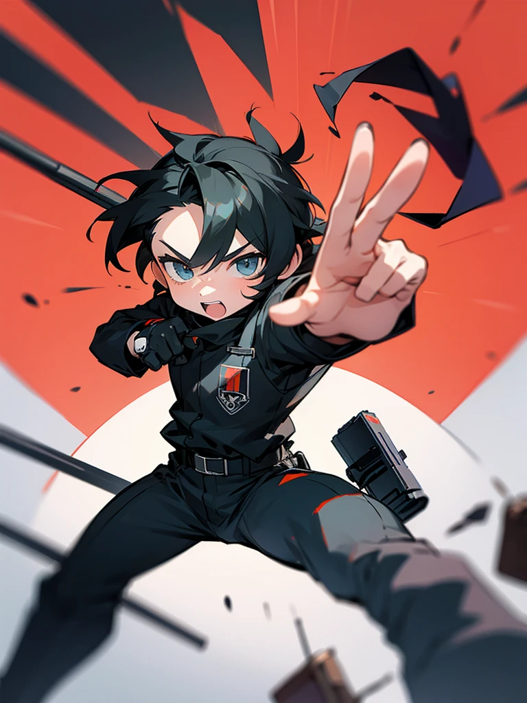 A masculine chibi, with dynamic poses next to a sniper rifle