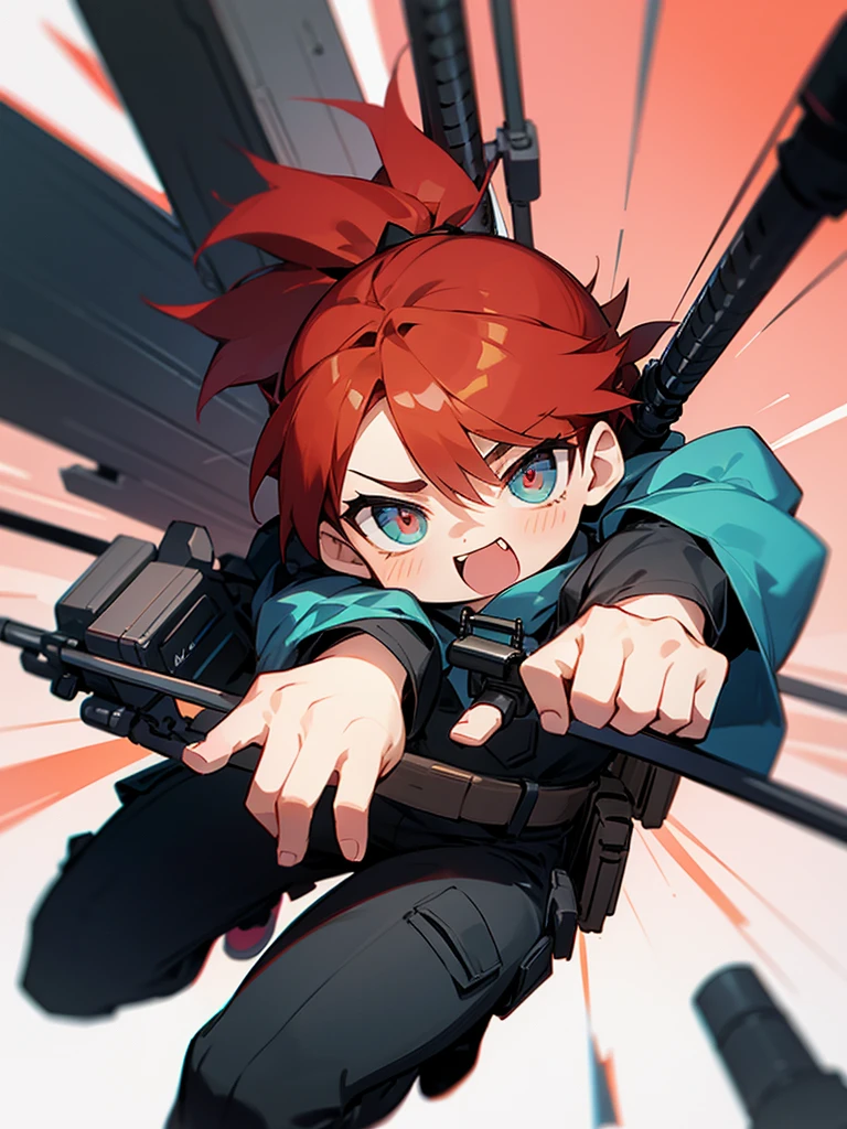 A masculine chibi, with dynamic poses next to a sniper rifle