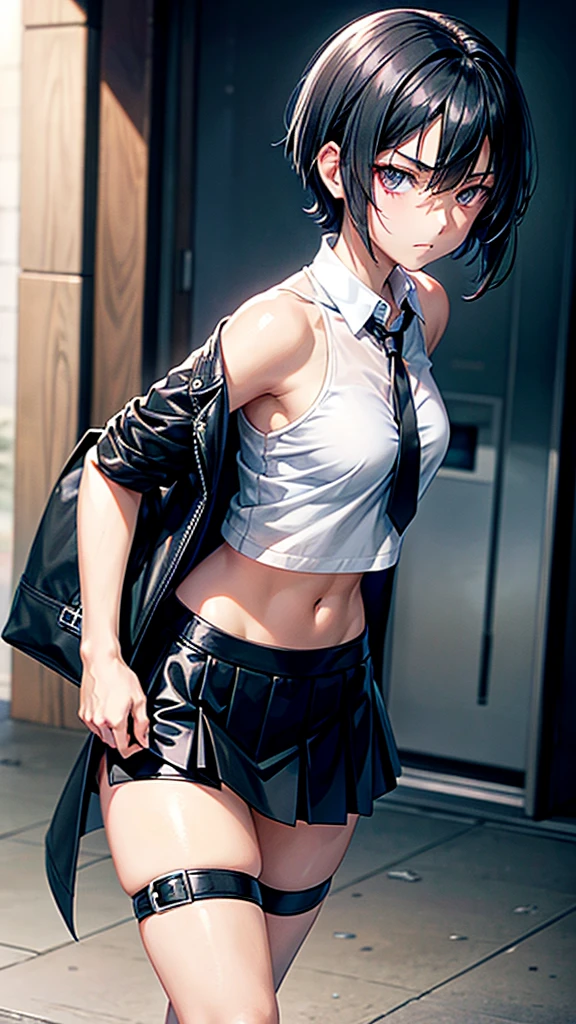 Teen girl, black short hair, white skin, black eyes, black short shirt, black skirt, , slim body, quiet, sad eyes, walking, beautiful. Anime sexy. Kurome Akame ga kill 