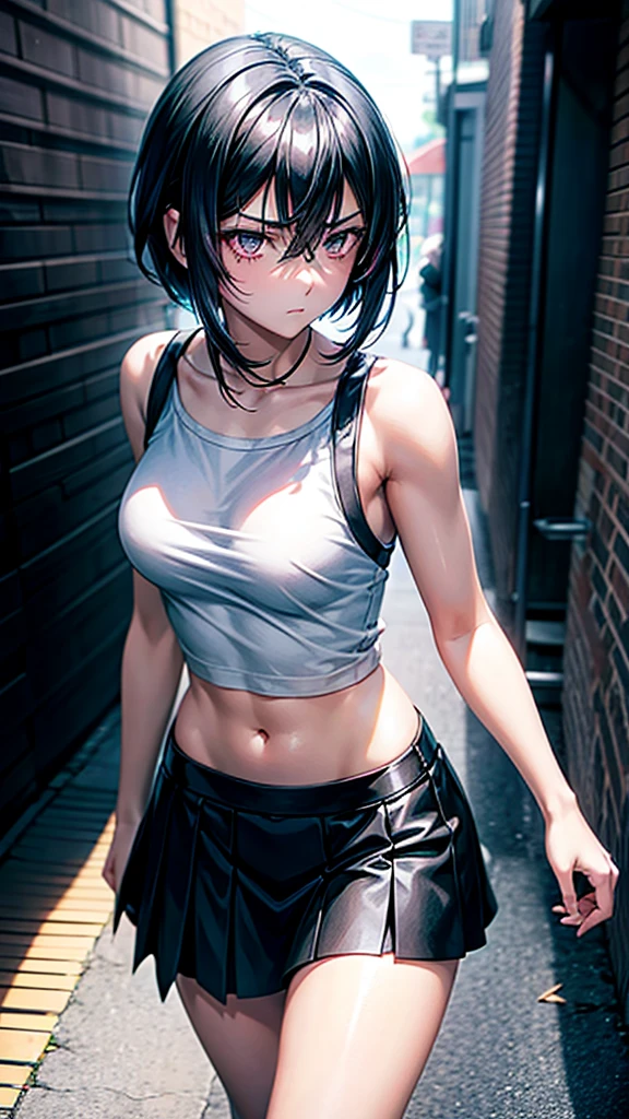 girl, black short hair, white skin, black eyes, black short shirt, black skirt, , slim body, quiet, sad eyes, walking, beautiful. Anime sexy. Kurome Akame ga kill
