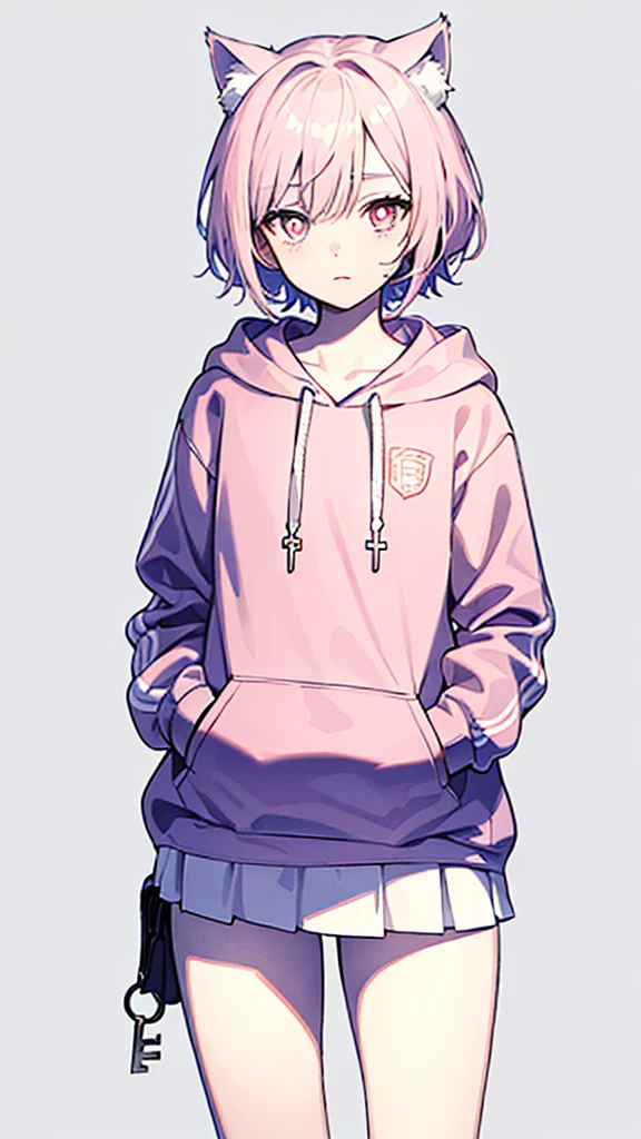 (masterpiece, highest quality:1.6), alone, thick outline, (simple background, light pink background, monochrome, light pink theme:1.2), official art, Key Visual, 8k, confused, whole body, (unique hair, oversized hoodie, mini skirt, Cat ear, short torso:1.2), belly button, thighs, cowboy shot, HDR, sharp focus, High resolution, most detailed, very detailed, Super detailed, finely, detailed eyes and face, sharp pupils, realistic student, alone, Contrast of pink, gray and white, alone, put one&#39;s hand in one&#39;s pocket, Hatsune Miku 