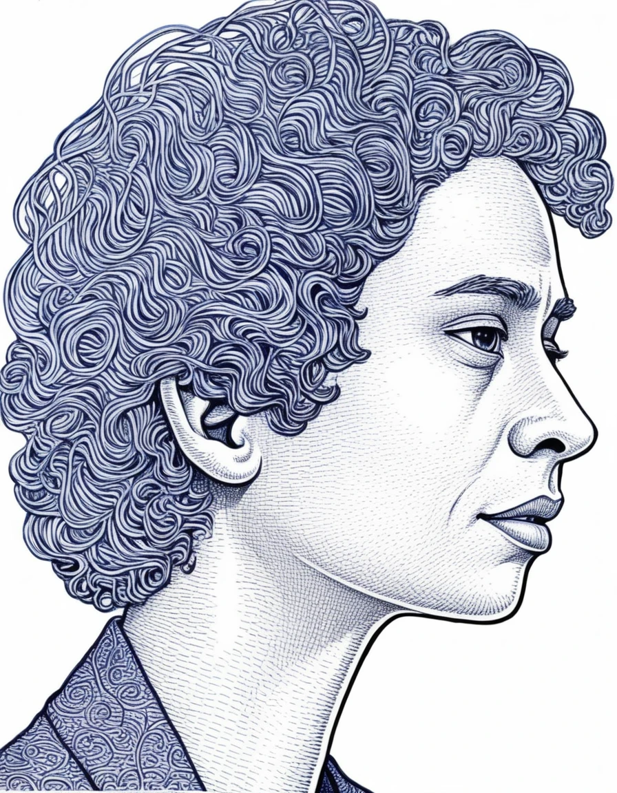 The image depicts a detailed pen sketch of an individual from the shoulders up. The face of the individual is obscured by a solid blue rectangle, making it impossible to identify any facial features. The hair appears to be curly or wavy and is depicted with numerous intricate lines and swirls that create a sense of volume and texture. The individual is wearing what seems to be a collared shirt and jacket, also rendered in fine lines that suggest folds and creases in the fabric.