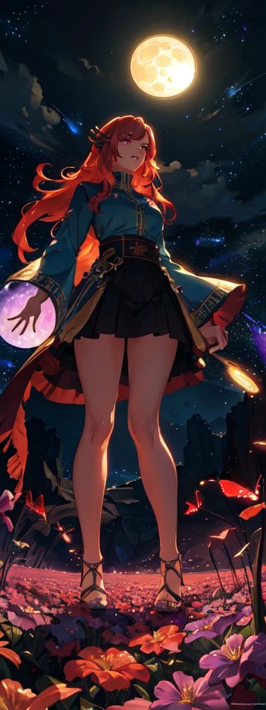 expansive landscape photograph , (a view from below that shows sky above and open field below), a girl standing on flower field looking up, (full moon:1.2), ( shooting stars:0.9), (nebula:1.3), distant mountain, tree BREAK
production art, (warm light source:1.2), (Firefly:1.2), lamp, lot of purple and orange, intricate details, volumetric lighting, realism BREAK
(masterpiece:1.2), (best quality), 4k, ultra-detailed, (dynamic composition:1.4), highly detailed, colorful details,( iridescent colors:1.2), (glowing lighting, atmospheric lighting), dreamy, magical, (solo:1.2)