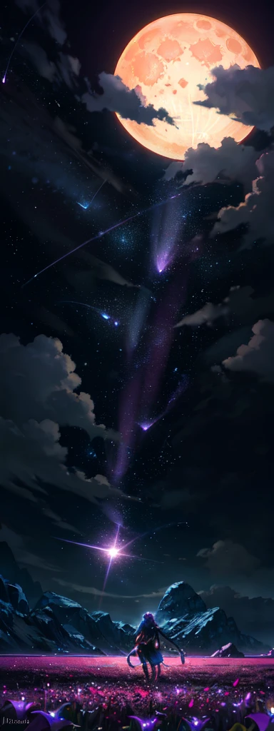 expansive landscape photograph , (a view from below that shows sky above and open field below), a girl standing on flower field looking up, (full moon:1.2), ( shooting stars:0.9), (nebula:1.3), distant mountain, tree BREAK
production art, (warm light source:1.2), (Firefly:1.2), lamp, lot of purple and orange, intricate details, volumetric lighting, realism BREAK
(masterpiece:1.2), (best quality), 4k, ultra-detailed, (dynamic composition:1.4), highly detailed, colorful details,( iridescent colors:1.2), (glowing lighting, atmospheric lighting), dreamy, magical, (solo:1.2)