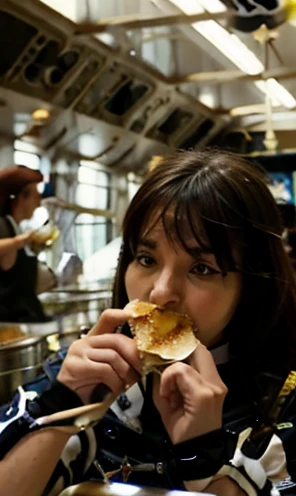 (((He is eating in the cafeteria with other Astronauts))), Inside the spacecraft.