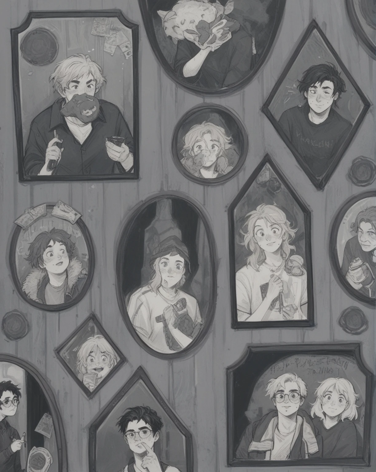 score_9, score_8_up, score_7_up, score_6_up, score_5_up, score_4_up, wh33z13, arafed drawing of a wall with many different pictures of people,