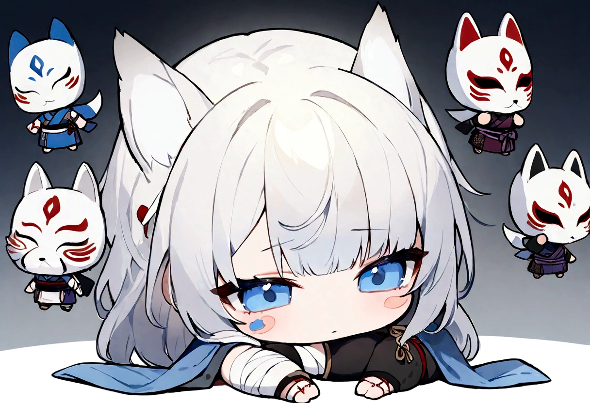 solo、1 person、whole body、Fall down、sleep、sleep、Stickers、White Gauntlet、chibi,No sleeve、Bleaching、(masterpiece, best quality:1.2), 1girl, 独奏,Wolf girl, fox mask, ninja, girl, white hair, odd eyes, blue kimono, ninja girl, red and blue scarf,Chibi Character、White background, fantastic atmosphere.White background、、Black fox mask、Fisheye Lens、hair、Bandage on chest、boy、Black fox mask、Blue Bondage